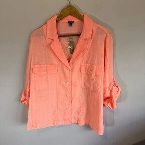 J. Crew Peach Coral Neon Button-Down Linen Camp Shirt Size 8 NWT